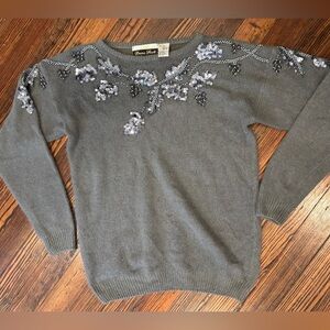 Dana Scott Silk Angora Rabbit Hair Lambswool Sequin Grey Crewneck Sweater Sz S
